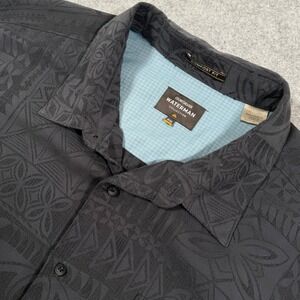 Quiksilver Waterman Aganoa Bay Shirt Mens XXL EUC Black Tribal Camp Short Sleeve